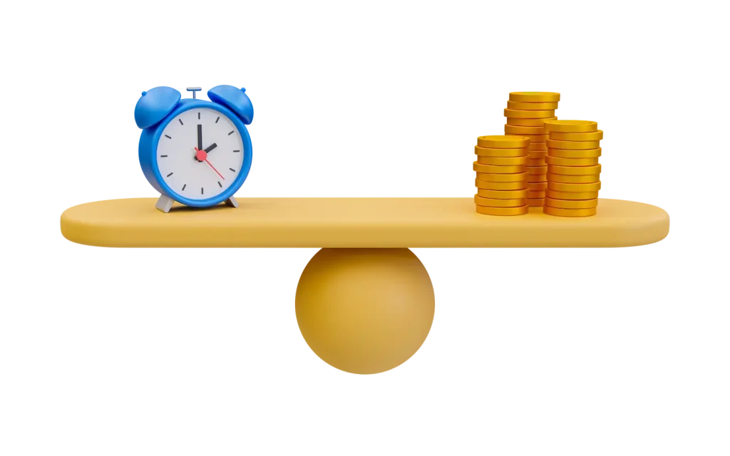 A Pile Of Coins And Alarm Clock On Scales. 3d Illustration.